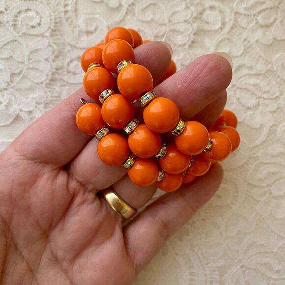Vintage lucite Orange Bead and Rhinestone Wrap Bracelet - Picture 2 of 5